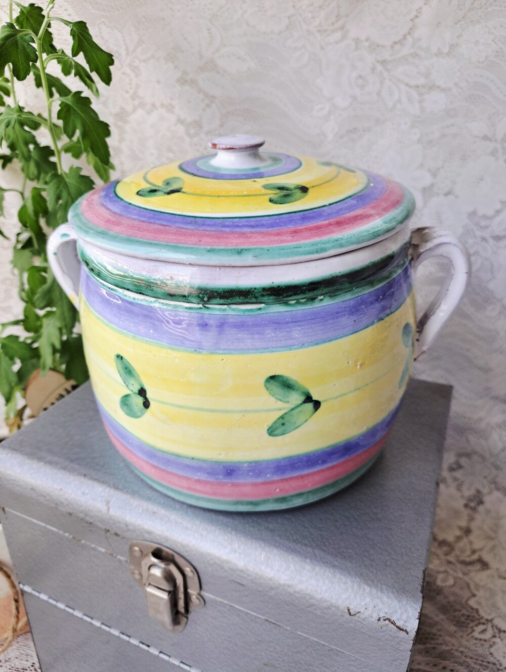Caleca Carousel Hand Painted Ceramic Biscotti Cookie Jar Made In Italy Vtg